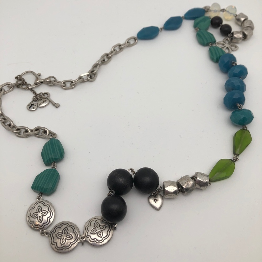Fossil Faux Turquoise Green & Blk SilverNecklace SALE